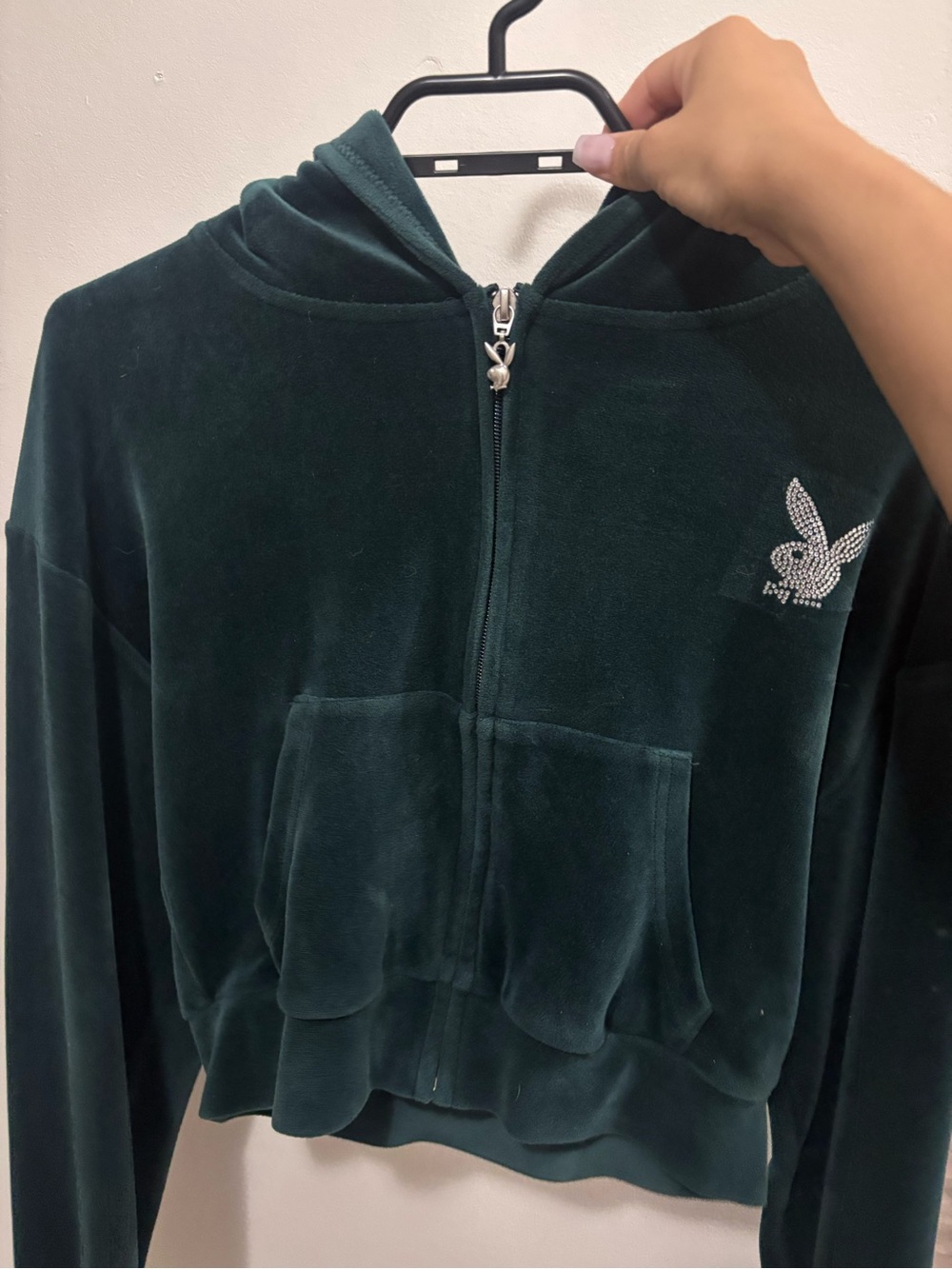 PLAYBOY emerald Green Velour Hoodie with Bunny Logo